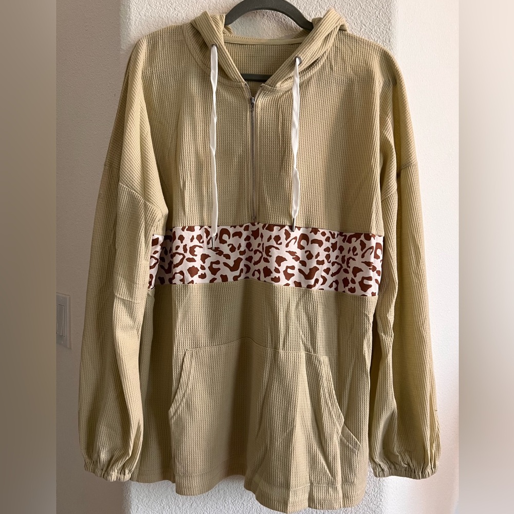 CORIRESHA XL Women's Cheetah Print Hoodie Kangaroo Pocket Waffle Knit Sweatshirt